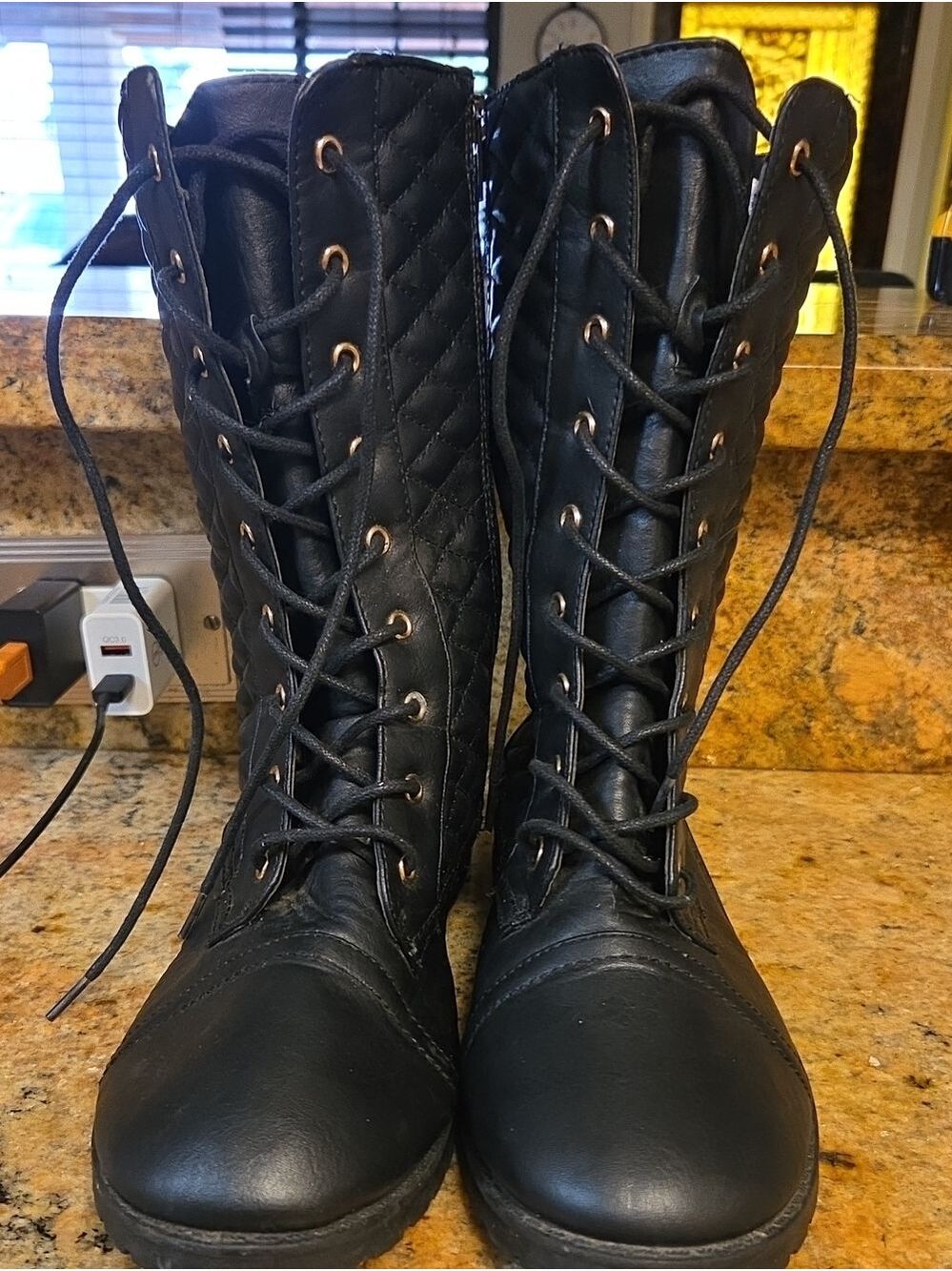Quilted Black Lace-Up Women's Combat Boots